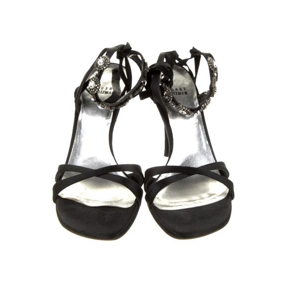 Stuart Weitzman 8 Suede CRYSTAL Square Toe Sandals Ankle Tie Heels Black - Picture 6 of 9